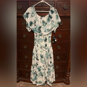 Maison Tara White Maxi Dress with   Green Floral Print